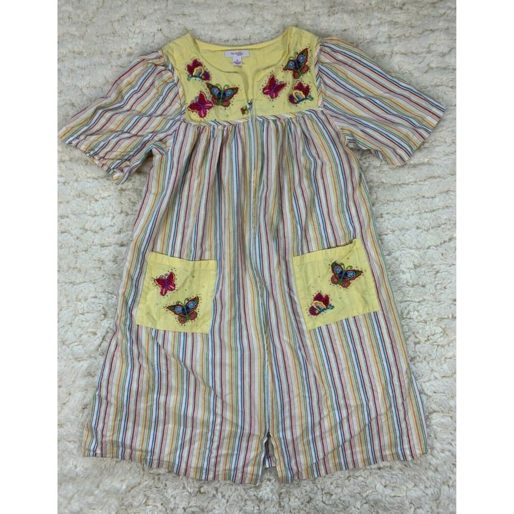 Go Softly Patio Sz M Dress Maxi Yellow Colorful Stripes Embroidered Butterflies